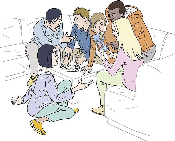 Zeichnung von einer Gruppe Jugendlicher, die zusammen auf dem Sofa sitzen und diskutieren.
