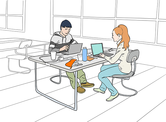 Zeichnung von zwei Personen, die sich an einem Arbeitstisch gegenüber sitzen und an ihren Computern arbeiten