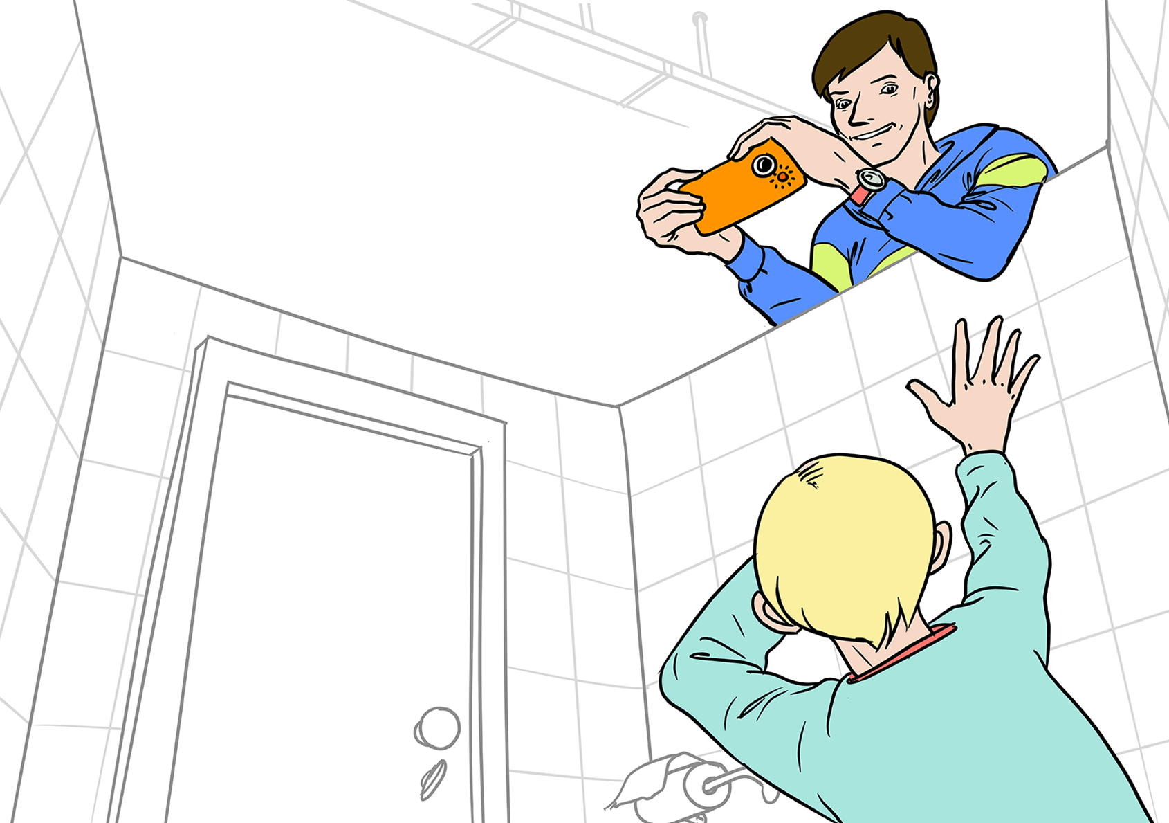 Illustration: Ein Schüler (Eric, 16 Jahre) schaut über die Trennwand einer Toilette und filmt mit seinem Smartphone einen Jungen (den Fünftklässler Finn), der sich gerade in der Toilettenkabine befindet. Er hebt abwehrend die Hände. Eric grinst.