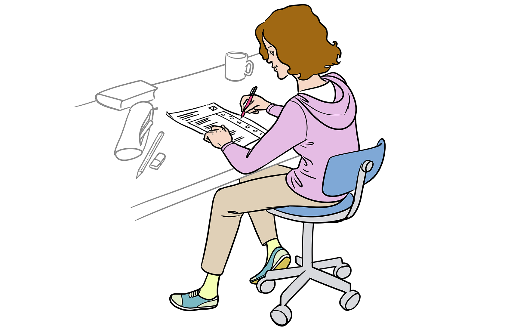 Illustration: Ein Mädchen (circa 15 Jahre) mit halblangen braunen Haaren sitzt auf einem Drehstuhl an einem Schreibtisch. Sie hat eine Blatt Papier mit einer Tabelle vor sich. Sie hält einen Stift in der Hand. Neben ihr liegt eine offene Federmappe. Weiter hinten steht eine Tasse.