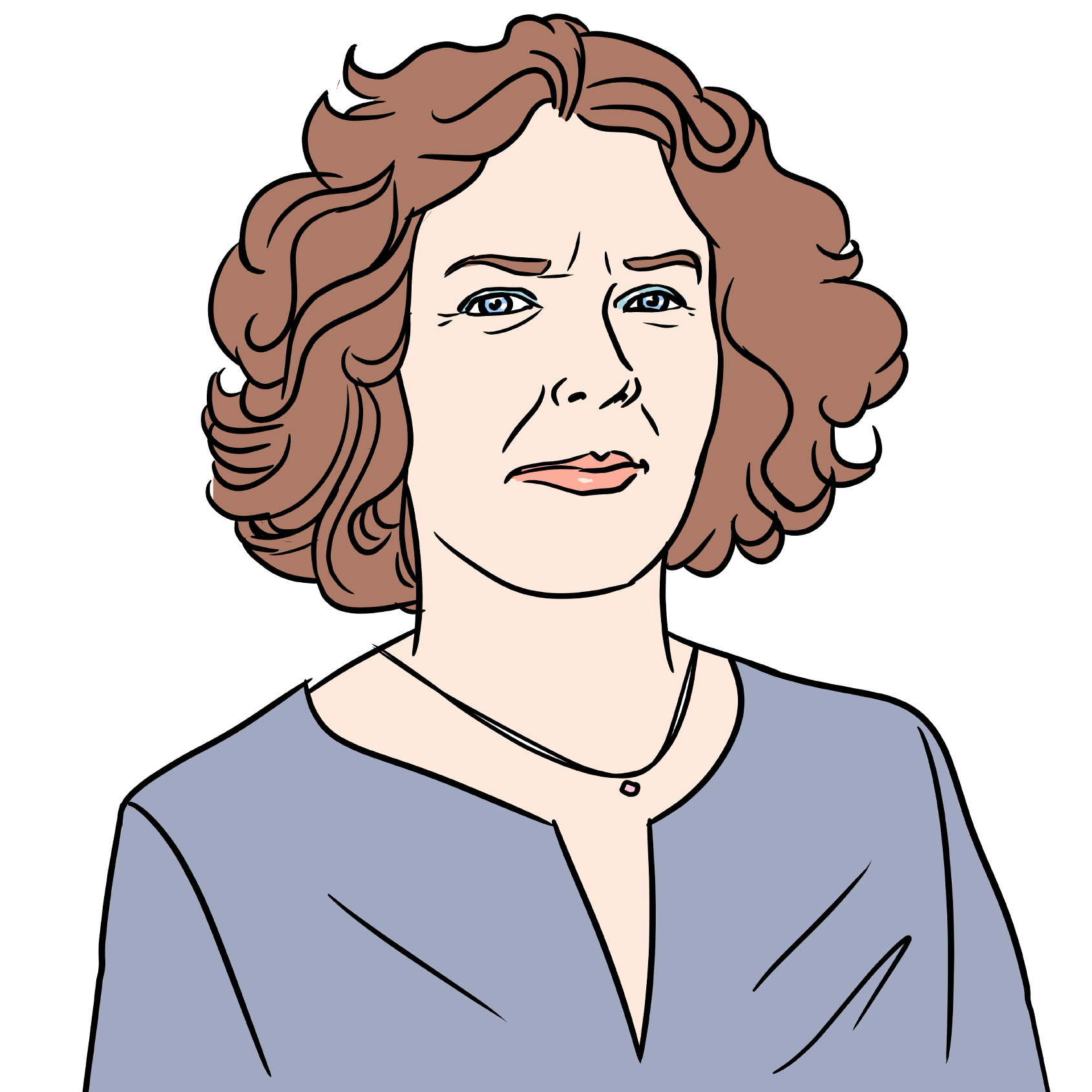 Illustration 7: Portrait einer circa 50-jährigen Frau mit welligem, rotbraunem, kinnlangem Haar.