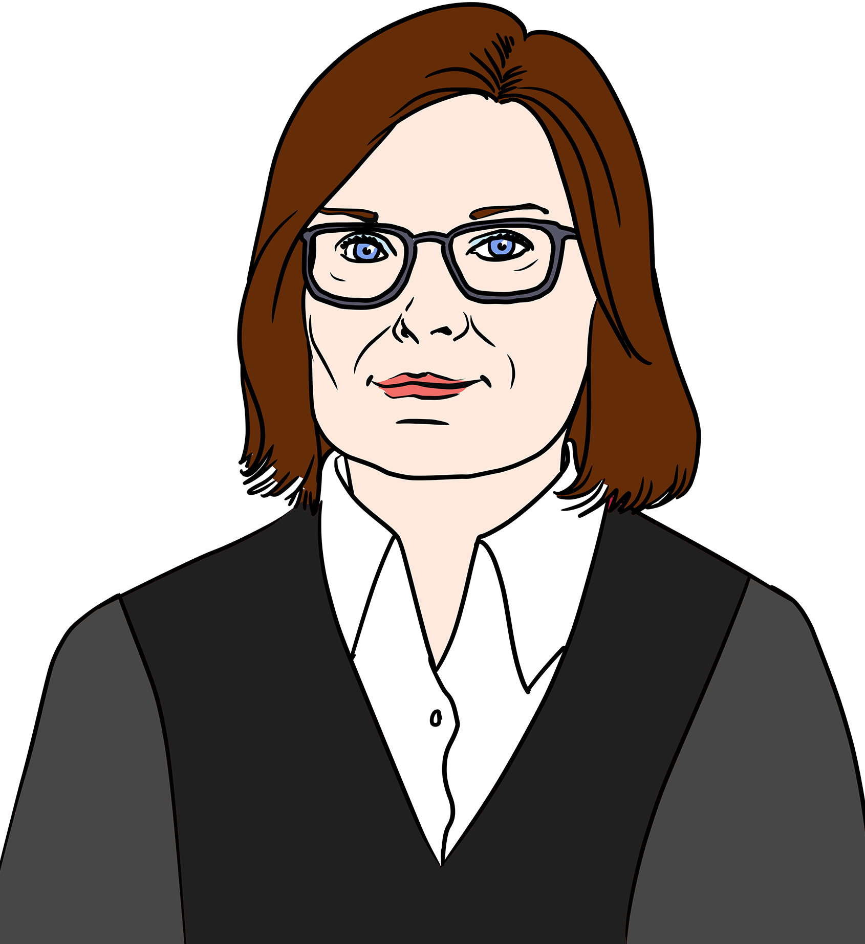 Illustration: Portrait einer Richterin (Maria Lüders). Sie ist circa 55 Jahre alt, hat kinnlange dunkelbraune Haare und trägt eine Brille. Gekleidet ist sie in einer Richterrobe.