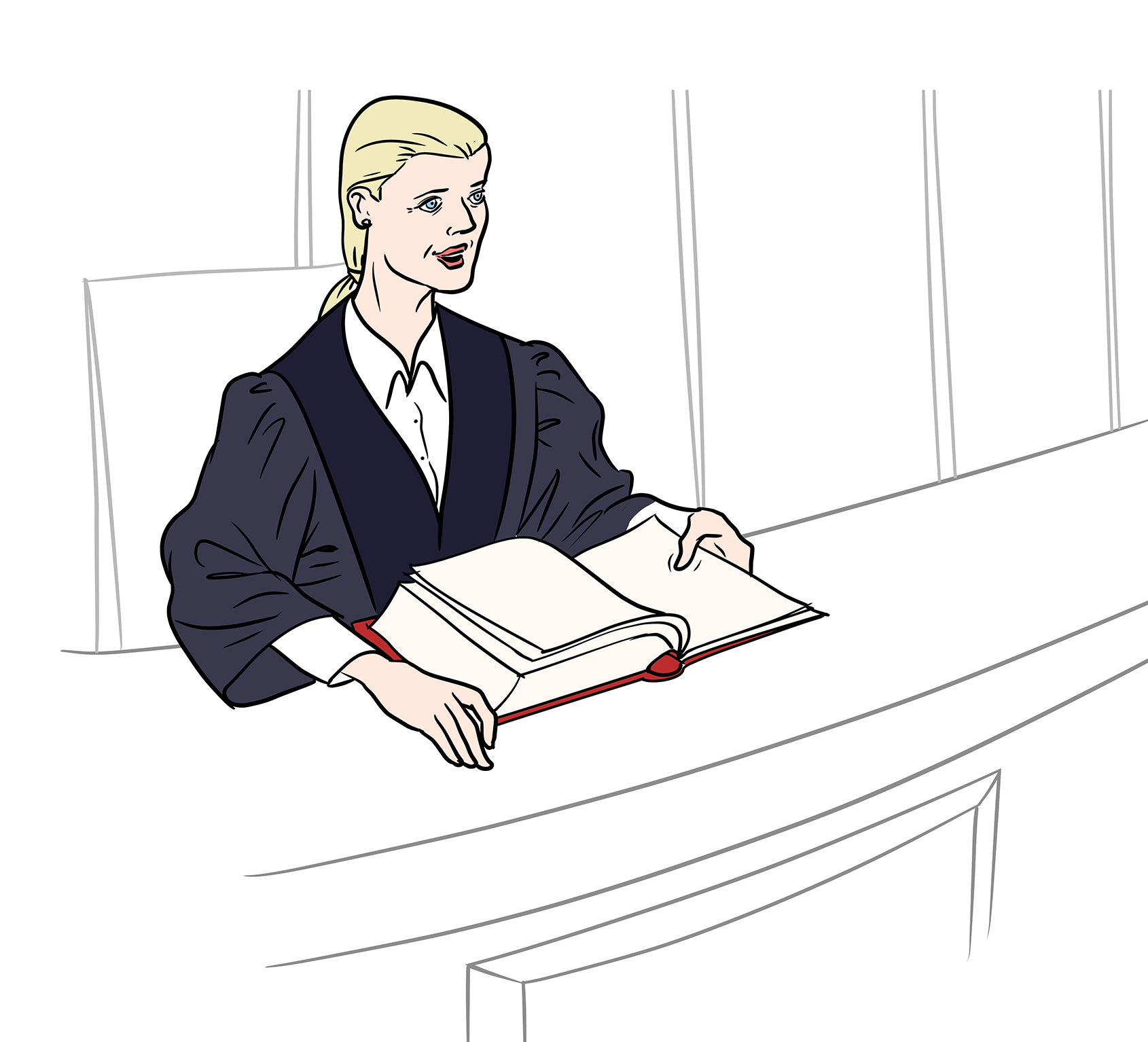 Illustration: Eine Richterin sitzt auf dem Richterstuhl. Vor ihr liegt ein aufgeschlagenes rotes Gesetzbuch. Sie trägt eine Richterrobe. Sie hat ihre blonden Haare zu einem Pferdeschwanz gebunden.