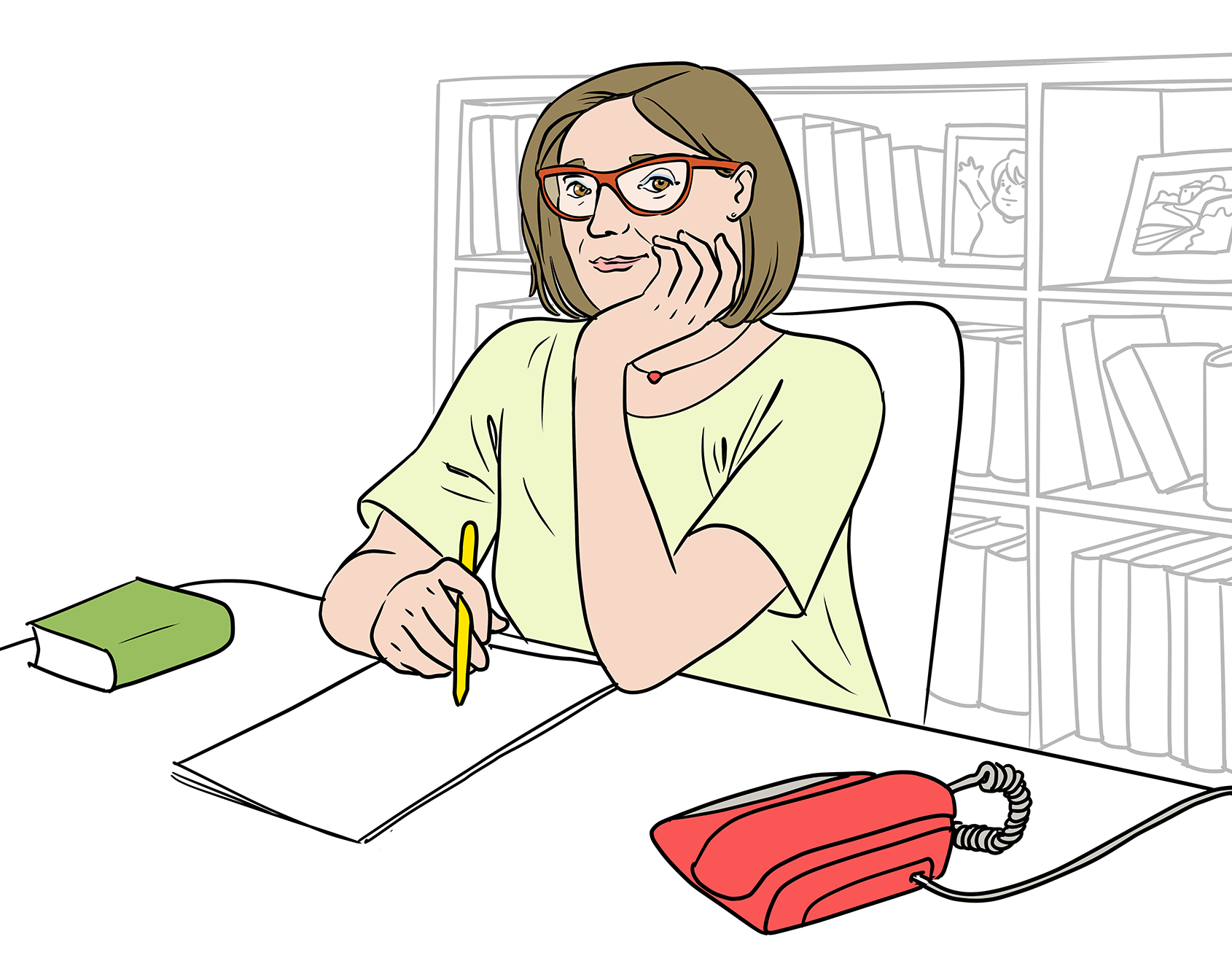 Illustration: Eine circa 60-jährige Frau mit halblangen braunen Haaren sitzt an einem Schreibtisch. Vor ihr liegen Blätter. Ihren Kopf hat sie auf die linke Hand gestützt. In der rechten Hand hält sie einen Stift. Neben ihr auf dem Schreibtisch befinden sich ein Buch und ein Telefon. Im Hintergrund steht ein Regal mit Büchern.