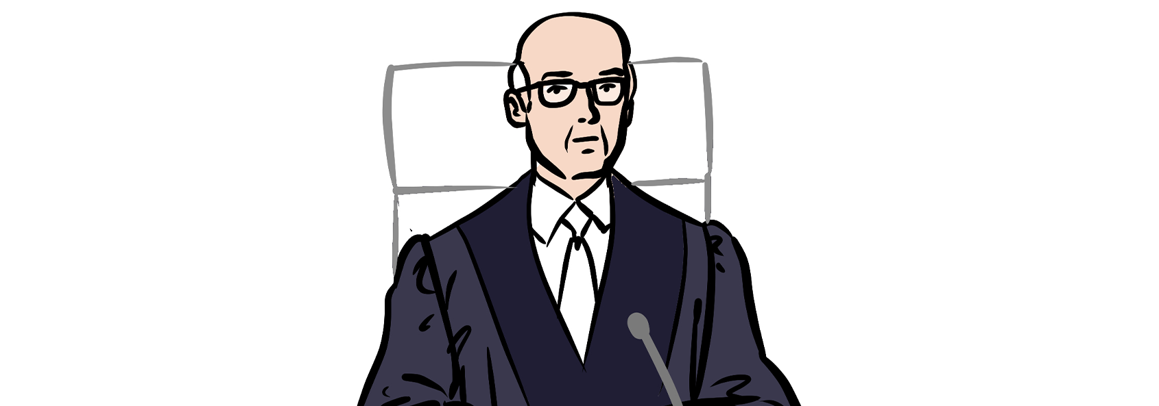 Illustration: Ein Richter in Robe auf dem Richterstuhl. Er ist um die 60 Jahre alt, hat weißes Haar und eine Halbglatze. Er trägt eine Brille