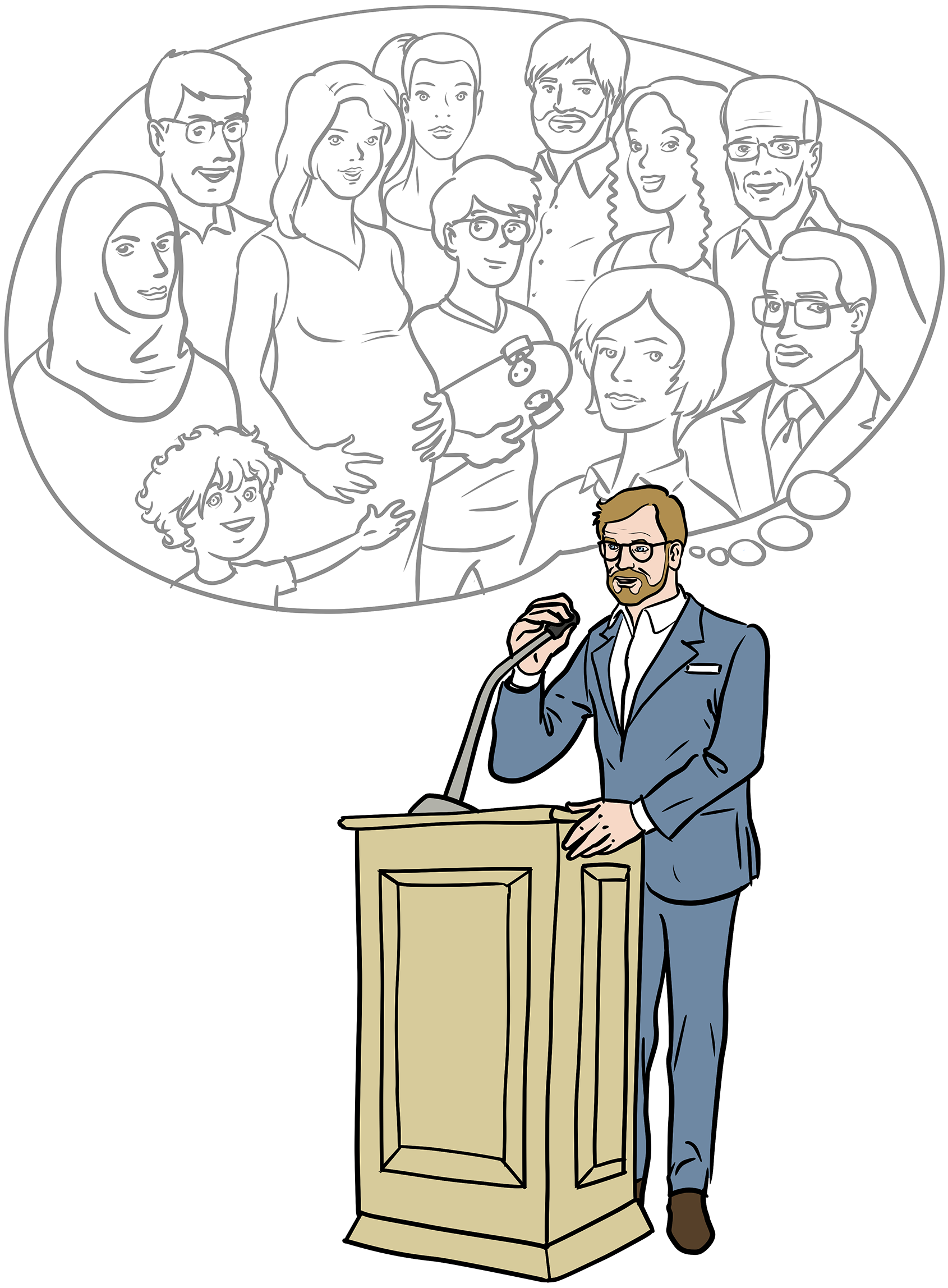 Ein Mann mittleren Alters mit Vollbart und Brille, gekleidet mit einem weißen Hemd und einem blauen Anzug, steht an einem Rednerpult mit Mikrophon. Der Mann spricht. Über ihm ist eine Gedankenblase. In dieser sieht man Personen unterschiedlichsten Geschlechts und Alters.
