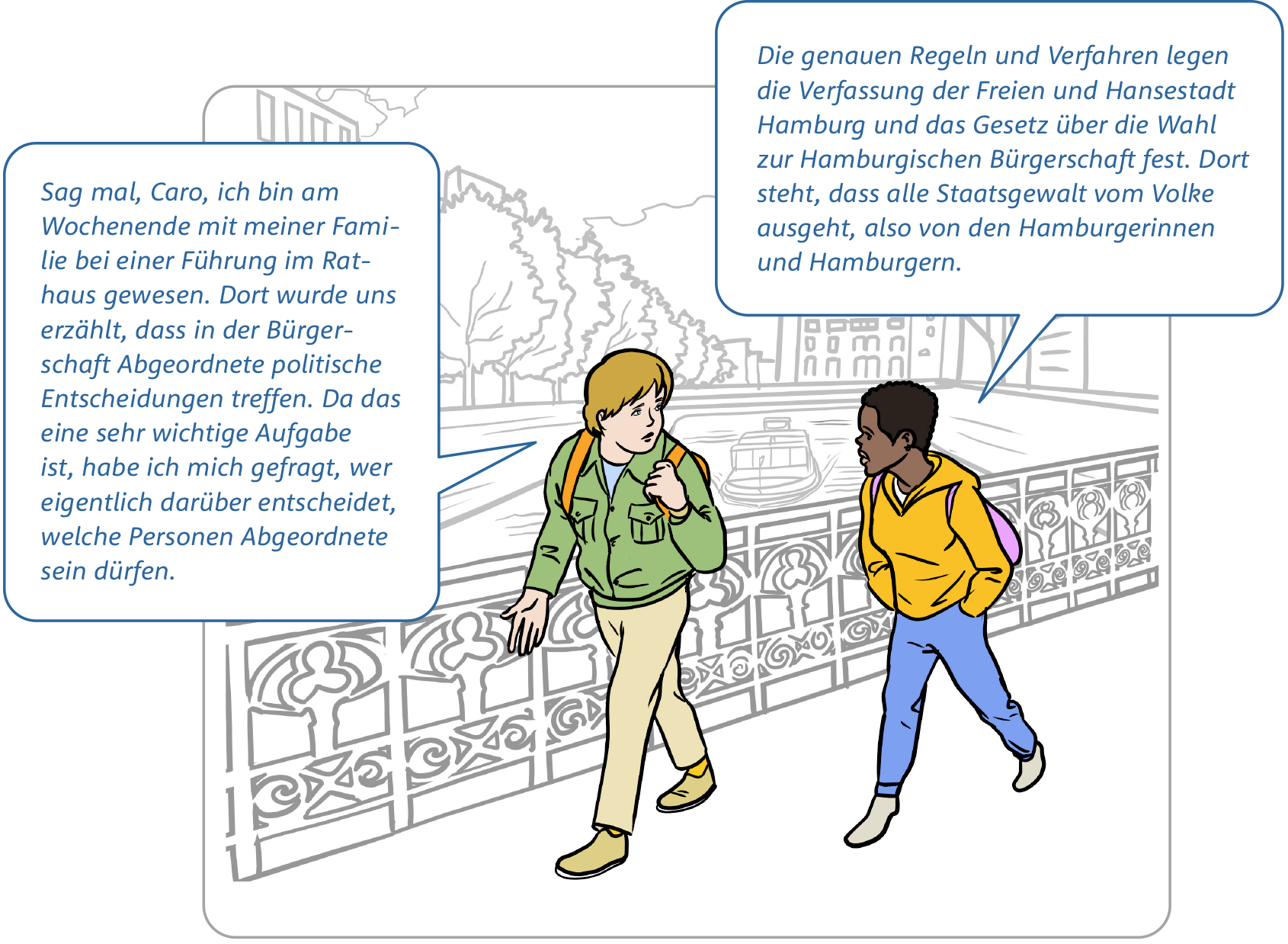 Comic Bild 1: Zwei Jugendliche, ein Junge und ein Mädchen gehen nebeneinander über eine Brücke in der Hamburger Speicherstadt. Beide tragen Rucksäcke. Ihre Köpfe sind einander zugewandt. (Den Text aus den Sprechblasen findest du am Ende der Bildstrecke.)