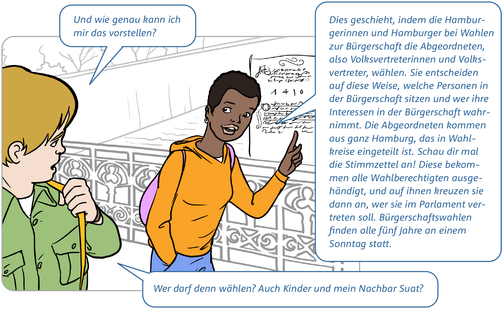 Comic Bild 2: Die Jugendlichen sind immer noch auf der Brücke und unterhalten sich. Das Mädchen (Caro) hebt erklärend den Zeigefinger. (Den Text aus den Sprechblasen findest du am Ende der Bildstrecke.)