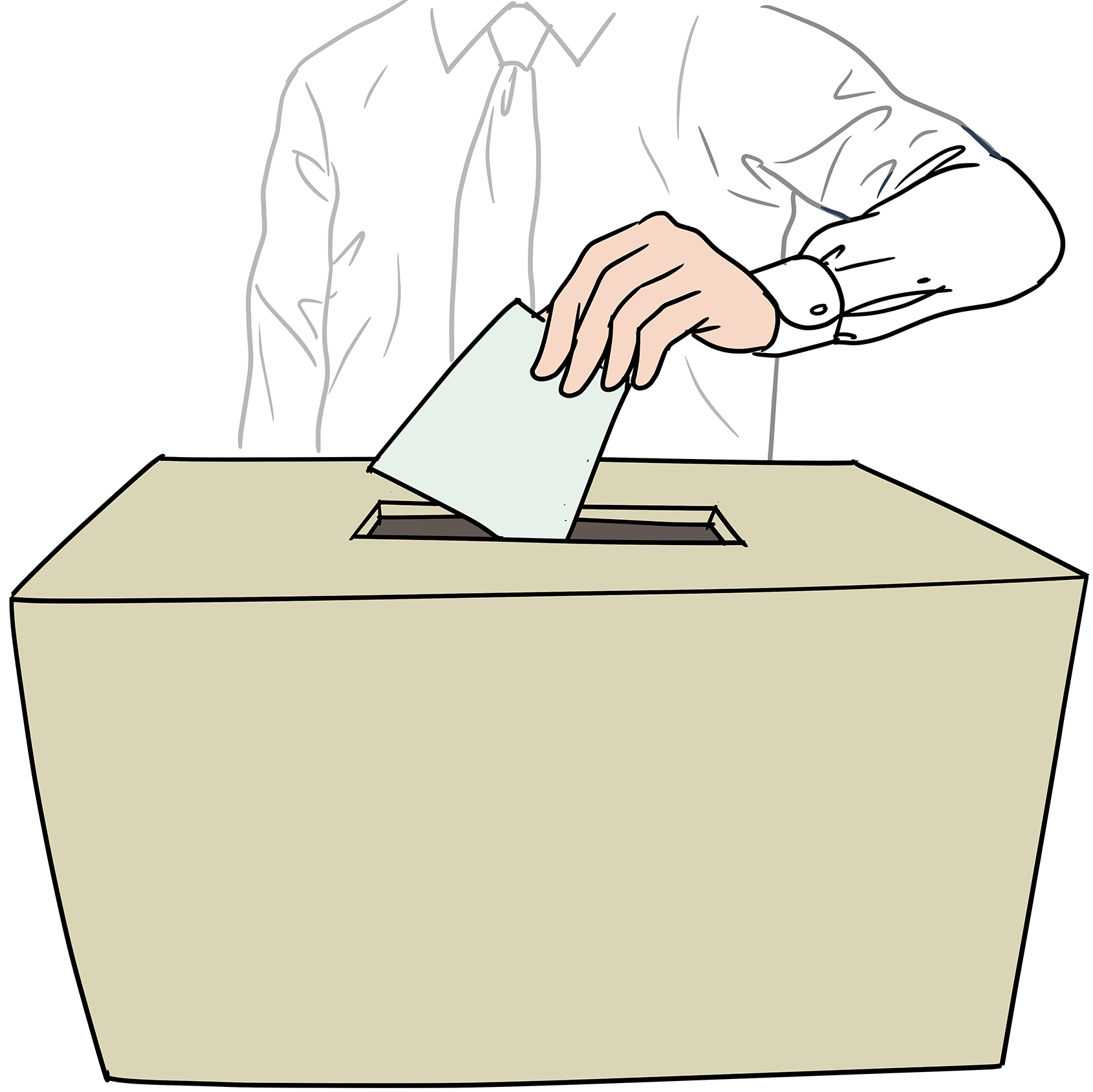 Illustration: Jemand wirft einen Zettel in eine Wahlurne. Das Gesicht der Person, die den Wahlzettel einwirft, ist nicht zu erkennen. Die Zeichnung endet oben im Halsbereich der Person.
