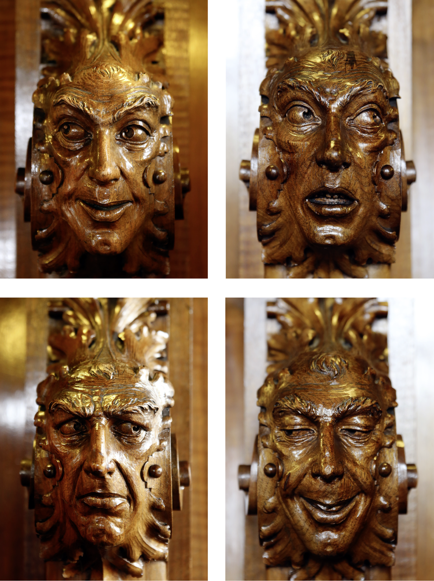 4 Fotos:  Foto (oben links): Nahaufnahme eines aus Holz geschnitzten Gesichts. Die Augen schauen zur linken Seite, der Kopf ist dabei nicht nach links in die Blickrichtung gedreht. Der Mund zeigt den Ansatz eines Lächelns.   Foto (oben rechts): Nahaufnahme eines aus Holz geschnitzten Gesichts. Die Augen sind weit aufgerissen, sie schauen zur rechten Seite. Der Mund steht offen.  Foto (unten links) Nahaufnahme eines aus Holz geschnitzten Gesichts. Die Augenbrauen des Gesichts sind skeptisch nach unten gezogen. Die Augen blicken zur rechten Seite. Der Mund ist geschlossen.  Foto (unten rechts): Nahaufnahme eines aus Holz geschnitzten Gesichts. Die Augen sind halb geschlossen. Die Augen blicken zur linken Seite. Der Mund zeigt ein schelmisches Grinsen.