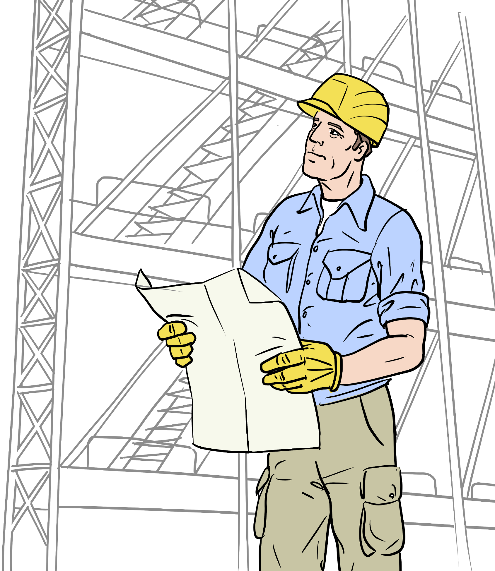 Illustration „Der Handwerkende“:  Ein Mann in Arbeitskleidung hält mit beiden Händen einen Plan vor sich. Er trägt gelbe Arbeitshandschuhe und einen gelben Schutzhelm. Im Hintergrund sieht man ein Baugerüst. Er blickt schräg nach oben.