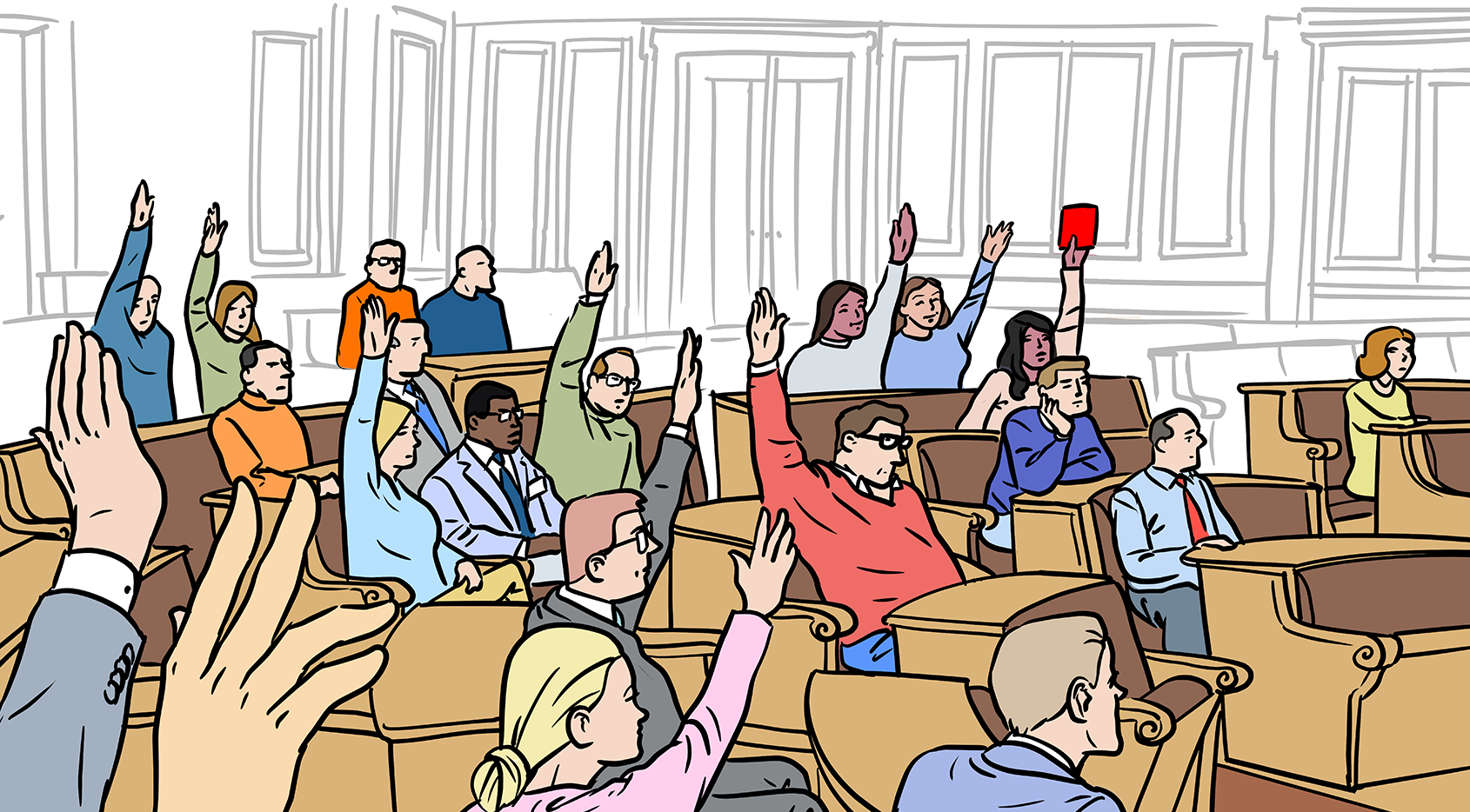 Illustration: Abgeordnete im Plenarsaal der Bürgerschaft. Einige heben zur Abstimmung die Hand.