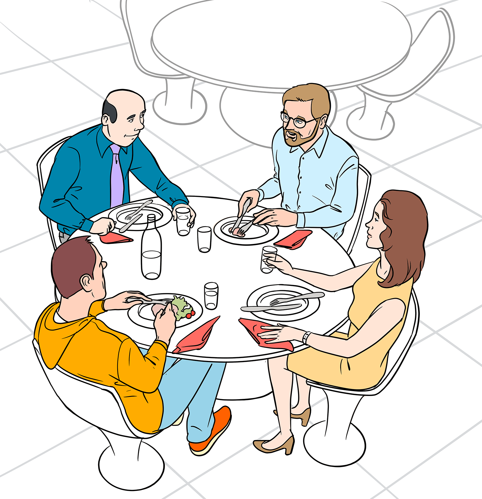  Stephan Peters mit 3 weiteren Personen an einem Tisch beim Mittagessen.