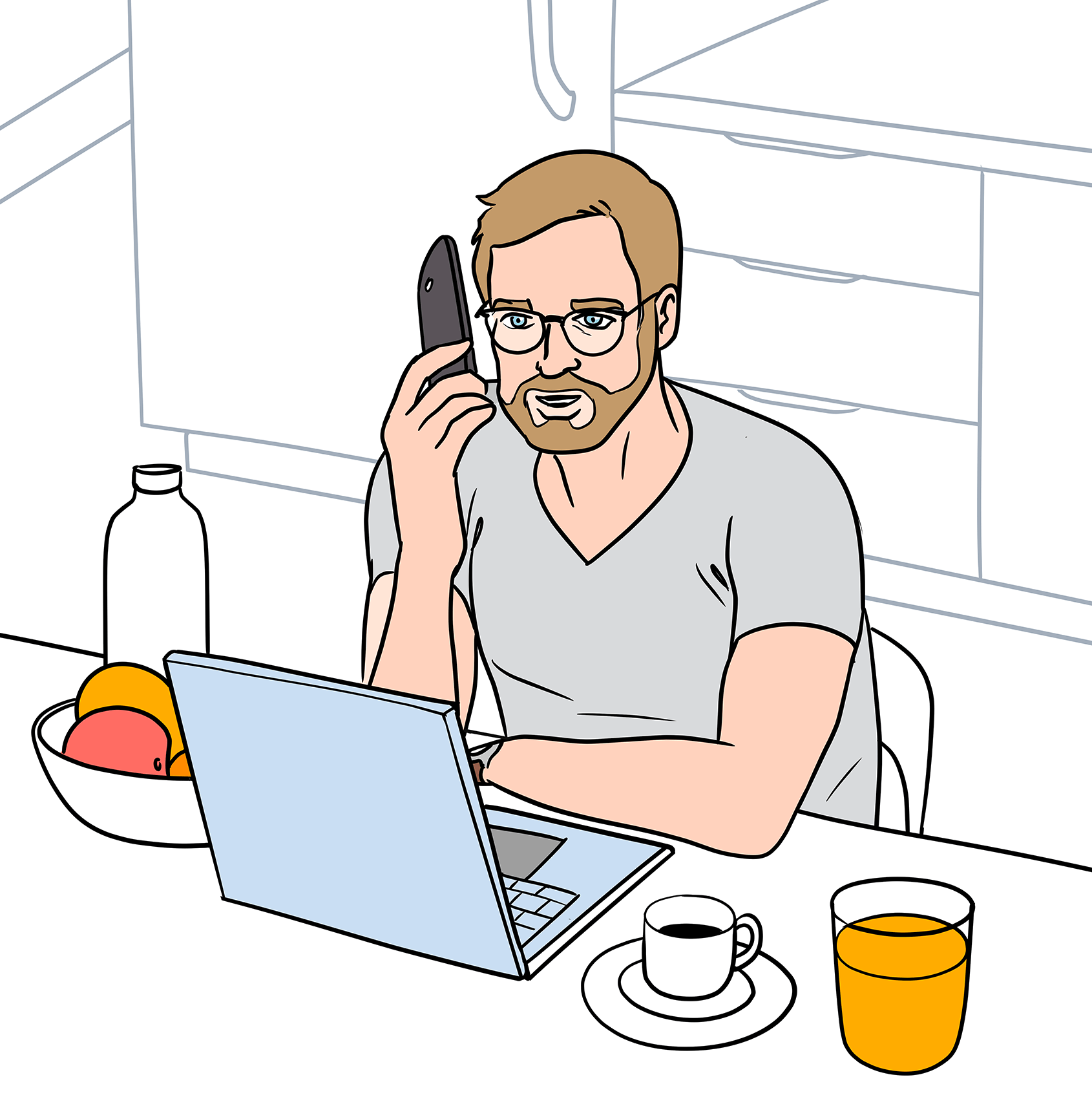 Stephan Peters sitzt mit seinem Laptop am Frühstückstisch und telefoniert.