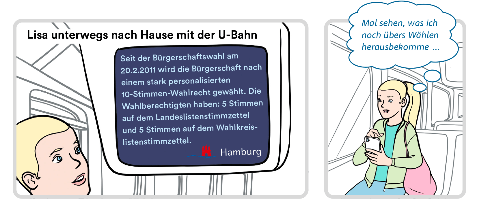 Bild 6: Lisa in der U-Bahn. Lisa liest einen Informationstext auf einem Bildschirm. Unter dem Text steht das Logo der Freien und Hansestadt Hamburg. Bild 7: Lisa schaut auf ihr Handy und denkt nach.
