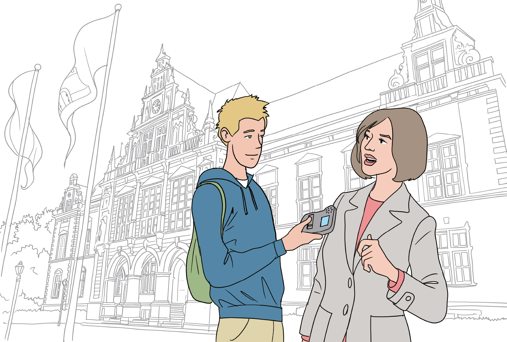 Illustration: Der Schüler David und Frau Kowalski stehen vor dem Harburger Rathaus. David hält ein Aufnahmegerät in der Hand.
