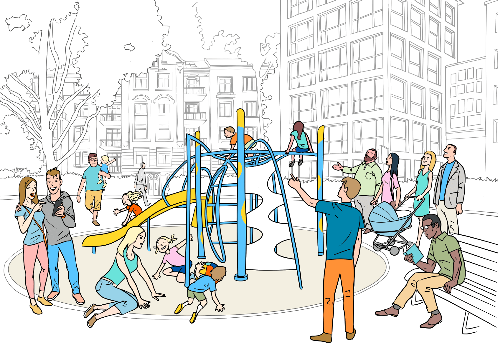 Illustration: Belebter Kinderspielplatz in der Stadt umgeben von Häusern.