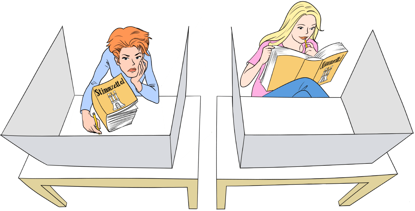 Illustration (Karikatur): Blick in zwei Wahlkabinen von oben. In der linken Kabine sitzt eine Frau, die ihren Kopf auf die eine Hand gestützt hat, in der anderen hält sie einen Stift. Sie sitzt in sich zusammengesunken und schaut resigniert. Vor ihr liegt ein übertrieben dick dargestelltes Buch mit der Aufschrift „Stimmzettel“. Das Buch ist zugeklappt. In der rechten Wahlkabine sitzt eine zweite Frau. Sie hat sich entspannt zurückgelehnt und liest konzentriert in dem gleichen seitenstarken „Stimmzettelbuch“.