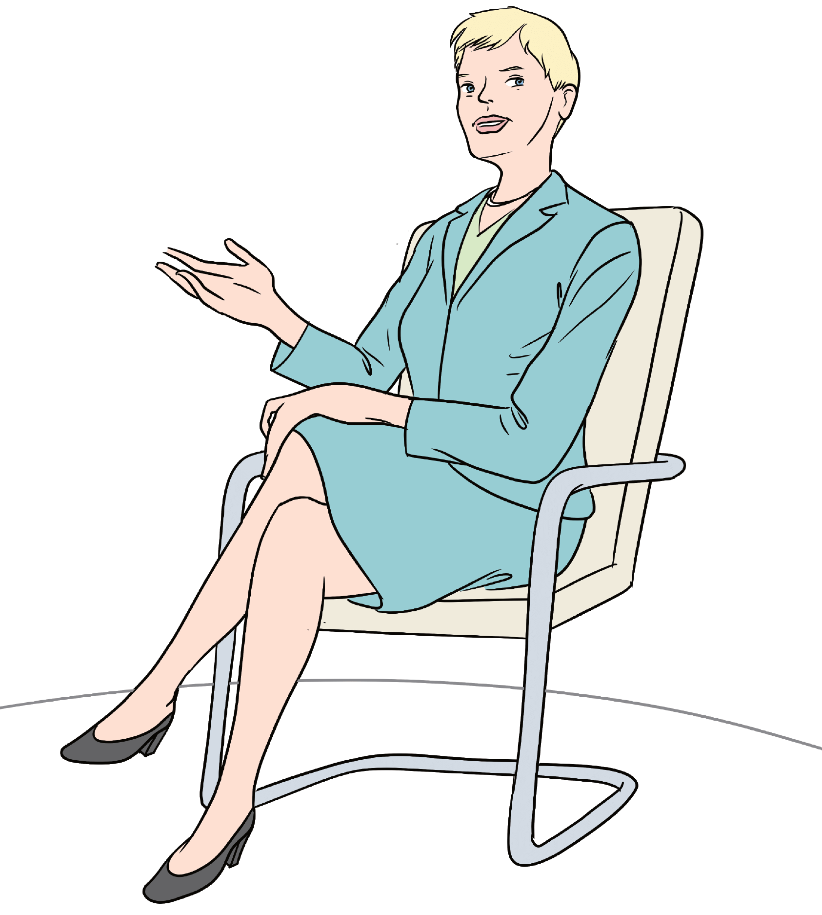 Eine Abgeordnete des Europäischem Parlaments sitz auf einem Sessel. Sie spricht und gestikuliert mit der einen Hand. Sie trägt Business-Kleidung.