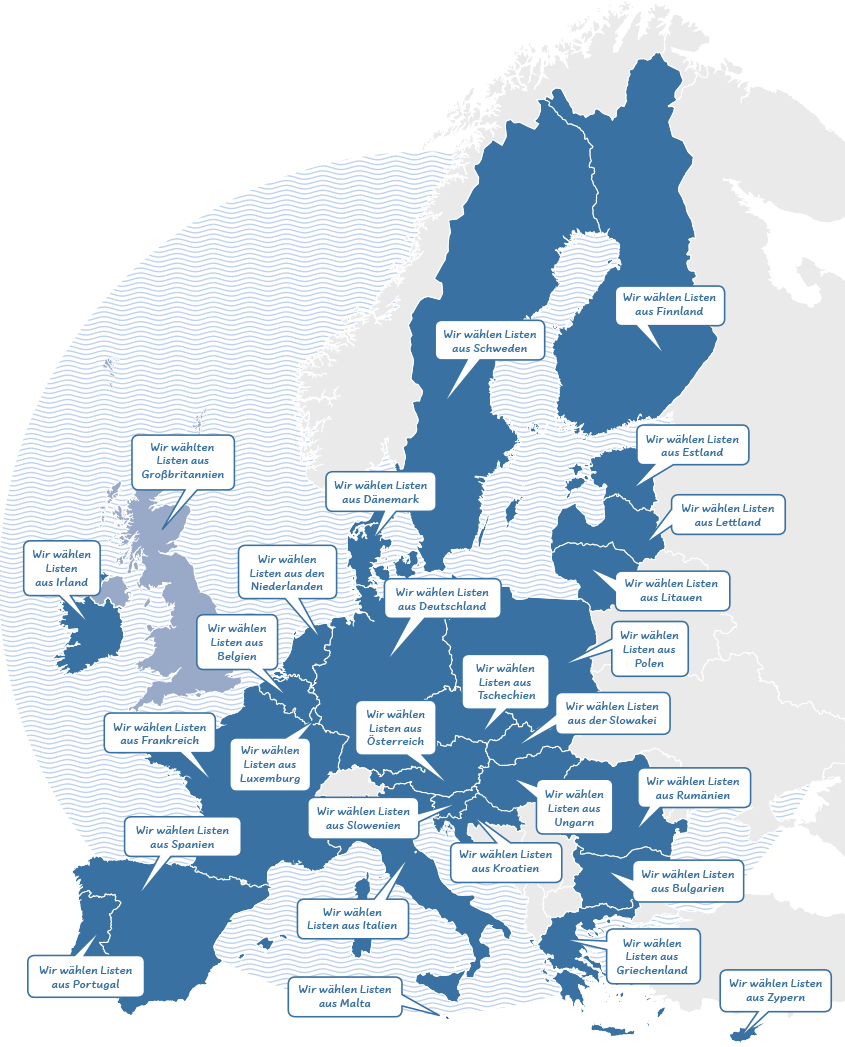 Mischung aus Schaubild und Cartoon. Eine Karte, die alle Länder der Europäischen Union zeigt. Jedes Land hat eine Sprechblase. In allen steht: „Wir wählen Listen aus ... (Name des jeweiligen Landes)“