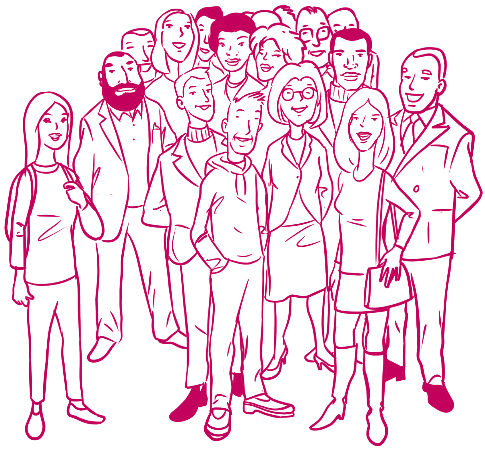 Illustration (Cartoon): Circa 15 Personen verschiedenen Alters und Geschlechts stehen als Gruppe zusammen. Alle Personen schauen den Betrachter an.