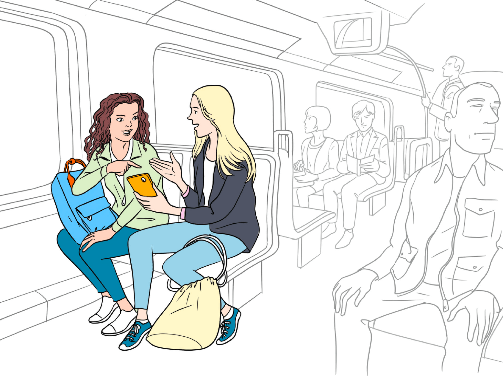 Zwei Schülerinnen – Leonie und Niloufar, beide ca. 15 Jahre alt – sitzen nebeneinander in der U-Bahn und unterhalten sich. Leonie zeigt Niloufar etwas auf ihrem Handy. Niloufar deutet mit ihrem Finger auf das Handy-Display.