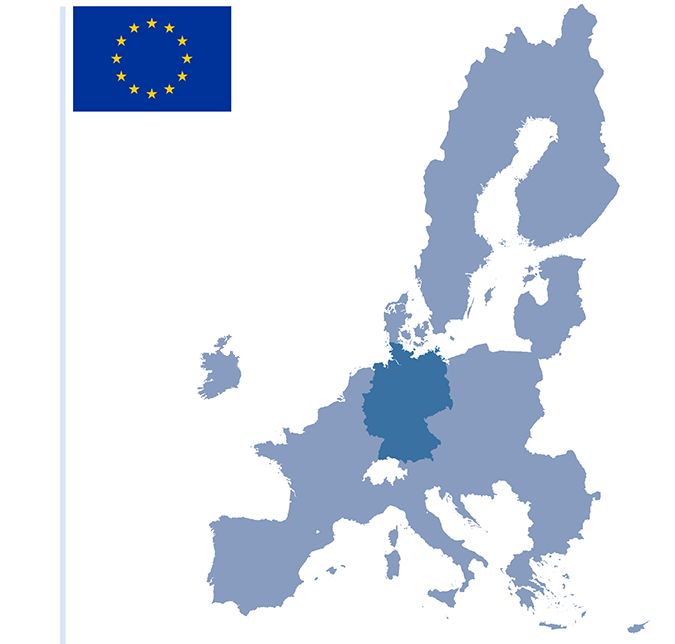 Schaubild: Flagge der Europäischen Union und Silhouette aller Länder der Europäischen Union. Das Gebiet der Bundesrepublik Deutschland ist farbig hervorgehoben.