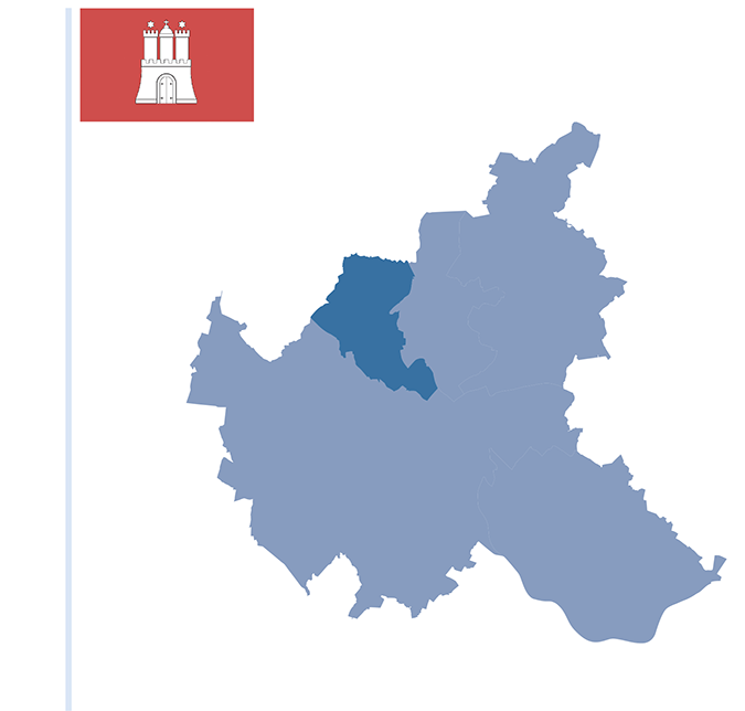Schaubild: Flagge und Silhouette Freien und Hansestadt Hamburg. Das Gebiet des Bezirks Eimsbüttel ist farbig hervorgehoben.