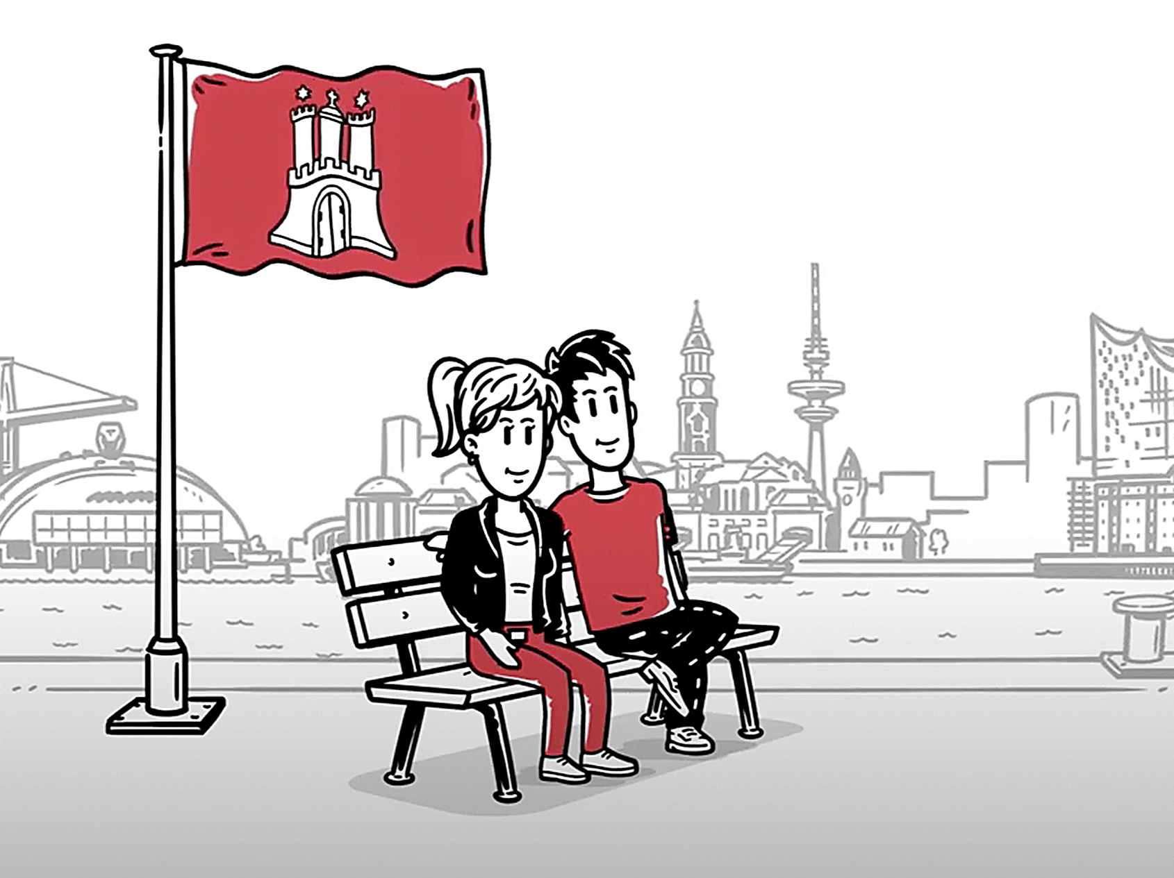 Ein Junge und ein Mädchen sitzen auf einer bank an der Elbe, neben ihnen weht eine Hamburg-Flagge