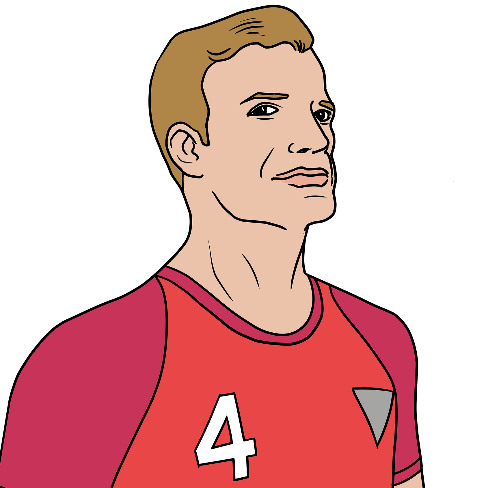 Illustration 5: Portrait eines Fußballspielers mit dunkelblondem, nach hinten gekämmtem, vollem Haar. Er trägt ein Trikot.
