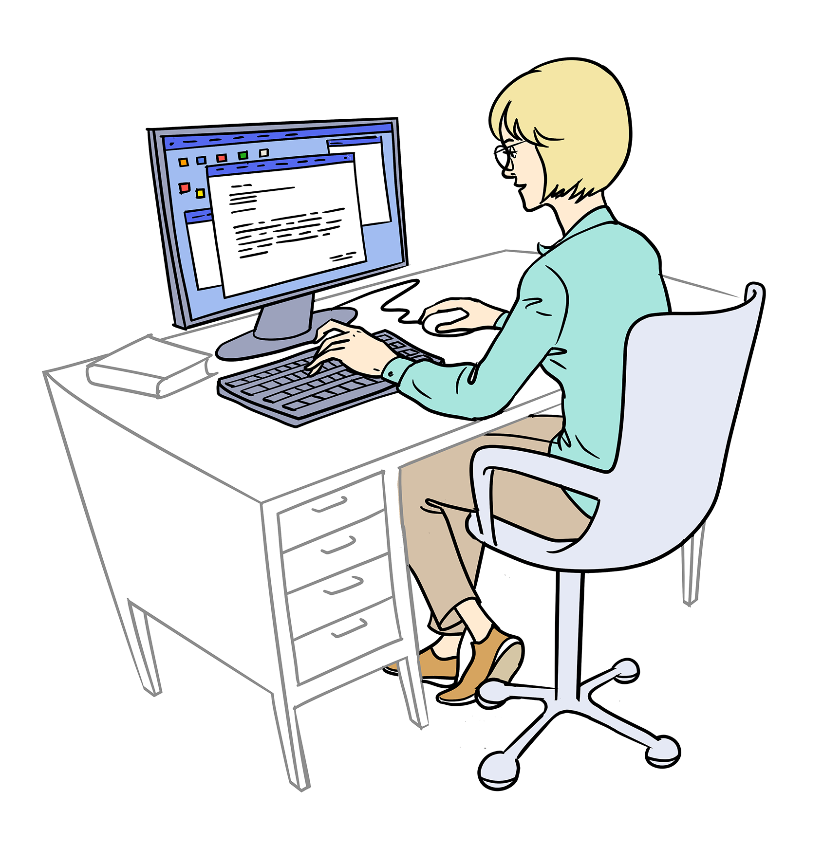 Illustration: Eine Frau mit kinnlangem, blondem Haar sitzt auf einem Bürostuhl an einem Schreibtisch. Man sieht sie schräg von hinten. Auf dem Schreibtisch steht ein Bildschirm. Die Frau tippt mit der linken Hand auf der vor ihr liegenden Tastatur, mit der rechten Hand bewegt sie eine Computer-Maus.