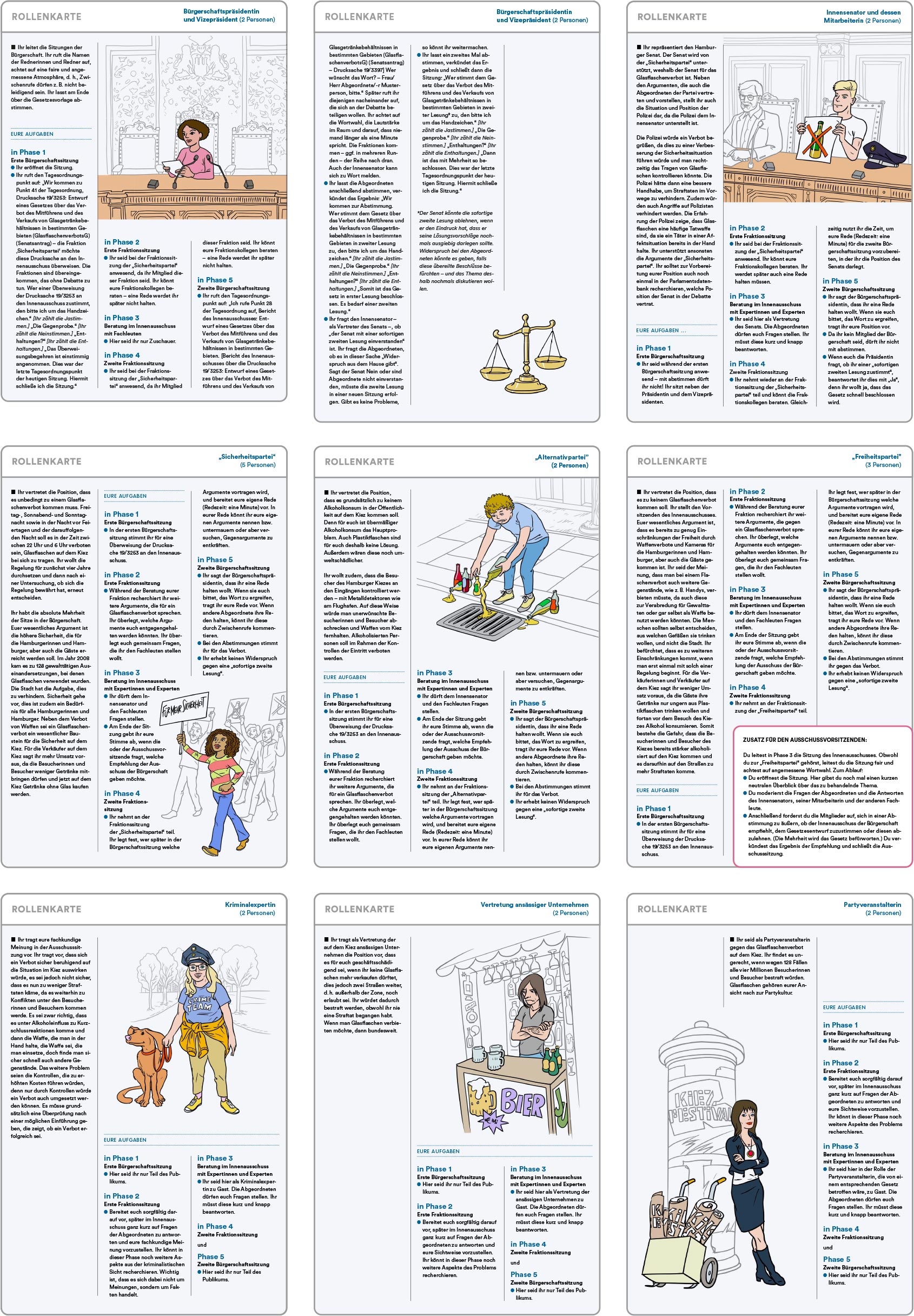 Verkleinerte Abbildung aller acht Rollenspielkarten, die für das Rollenspiel „Sollen Glasflaschen auf dem Hamburger Kiez verboten werden?“ als Download zur Verfügung stehen