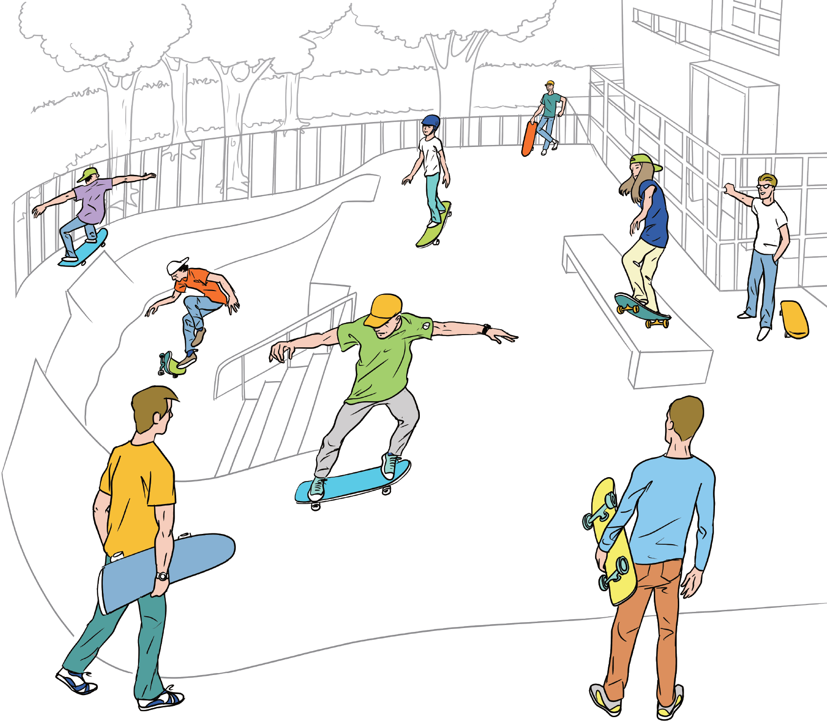 Illustration: Jugendliche skaten im Kelle Skatepark.