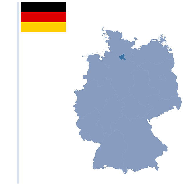 Schaubild: Flagge und Silhouette der Bundesrepublik Deutschland. Das Gebiet der Freien und Hansestadt Hamburg ist farbig hervorgehoben.